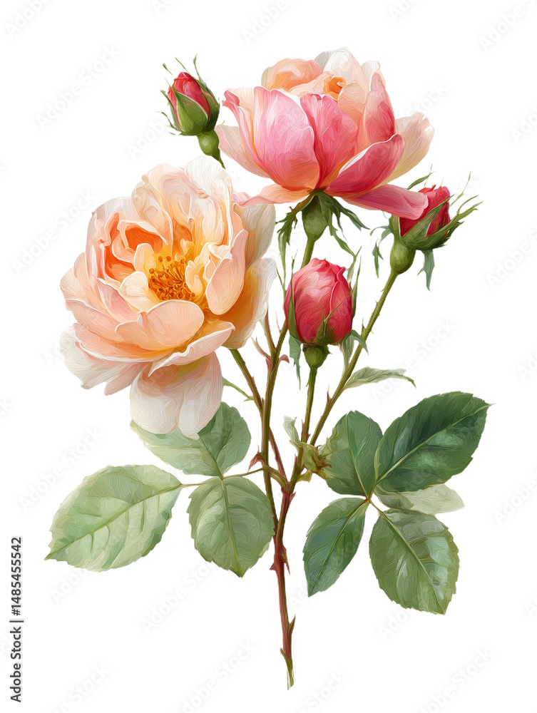 Obraz premium Watercolor Illustration of Pink and Peach Roses with Green Leaves and Bud on Transparent Background