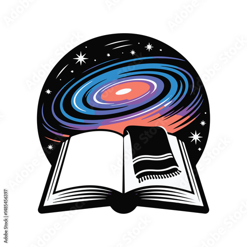 Cosmic Knowledge Galaxy and Open Book Illustration