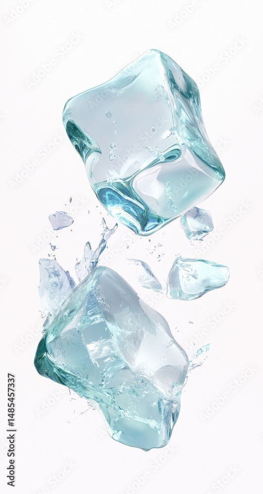 Obraz premium Ice cubes shattering in mid-air, frozen water droplets
