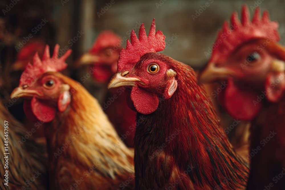 Fototapeta premium Close-up view of several hens in a farm setting.