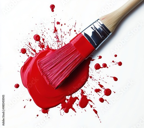 paintbrush dipped in bright red paint with paint splattered on a white surface conveying creativity and dynamic motion