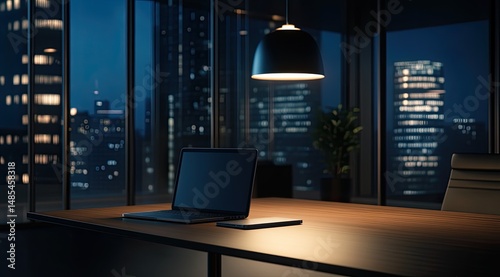 Modern office desk at night with city view