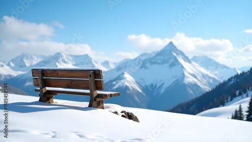 A weathered, rustic wooden bench stands alone on a snow-covered mountain top, surrounded by a breathtaking, serene winter landscape