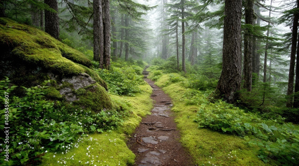 Fototapeta premium Misty forest trail winding through mossy landscape