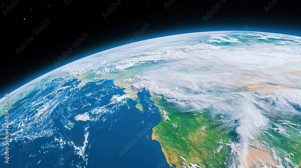 Obraz premium Earth from space, showcasing vibrant blue oceans, green landmasses, and white clouds, symbolizes global sustainability