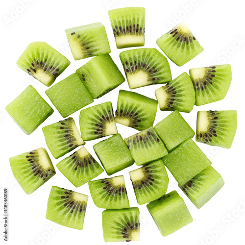 Freshly cut green kiwi cubes arranged artistically on a white background