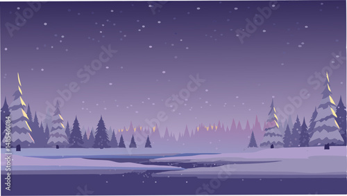 A winter landscape with snow covered trees and a frozen lake under a starry purple night sky scene view