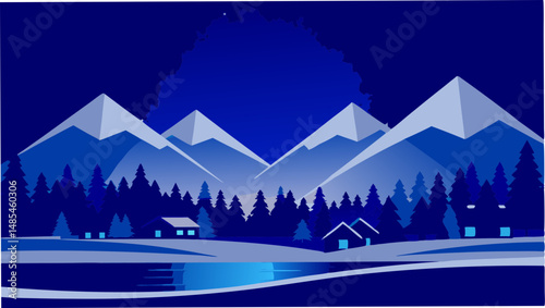 A winter landscape with mountains trees houses and a lake in shades of blue and white colorscheme