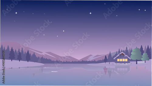 A winter scene with a cabin by a lake under a starry sky and mountain range in the background view image