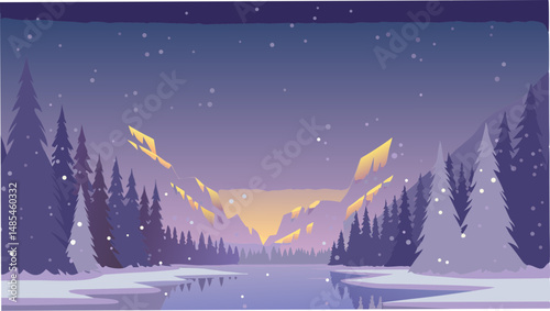 Winter landscape with snow covered trees mountains and a lake under a starry night sky illustration