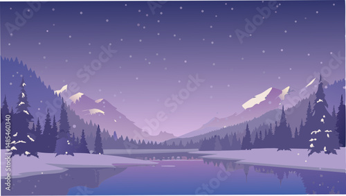 A winter landscape showing snow falling over mountains and a lake surrounded by pine trees at twilight hour