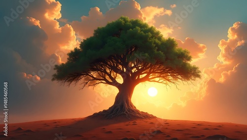 solitary tree stands tall in the center of a serene landscape, bathed in the warm, golden light of a breathtaking sunset, with clouds ablaze in shades of crimson, coral, and amber, set against a soft,