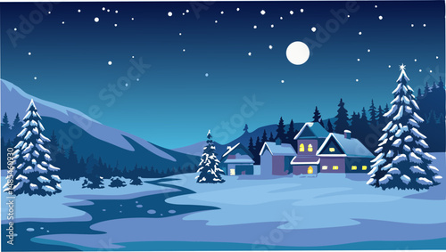 A winter night scene with snow covered houses trees and a full moon illuminating the landscape view