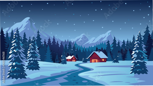 A winter landscape with snow capped mountains and cabins nestled among evergreen trees and falling snow scene