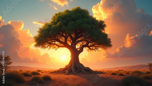 solitary tree stands tall in the center of a serene landscape, bathed in the warm, golden light of a breathtaking sunset, with clouds ablaze in shades of crimson, coral, and amber, set against a soft,