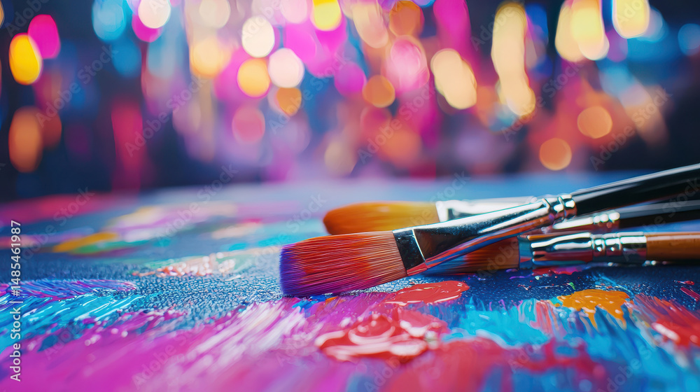 Fototapeta premium Vibrant paint tools on colorful canvas surface create artistic atmosphere, inspiring creativity and expression