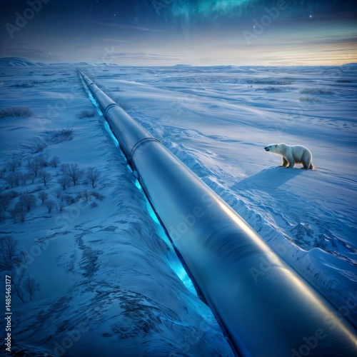 Polar bear near arctic pipeline. A polar bear stands on snow near a pipeline in an arctic landscape under a starry night sky.