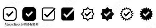 Black check mark icons set. Checkmark vector icon collection. Checked icon or correct choice sign. Check mark or checkbox pictogram. Vector illustration.