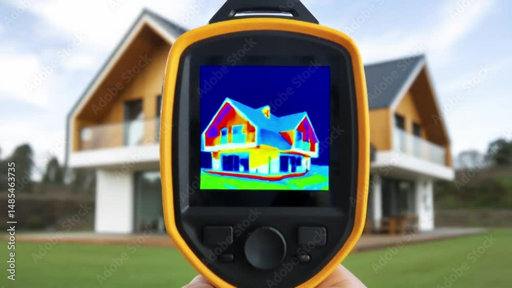 Thermal imaging camera in hand inspecting heat loss of modern house, energy efficiency audit, building inspection and diagnostics concept.