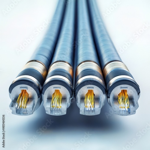 Four ethernet cable ends. Description. Close-up studio shot of four ethernet cable ends against a white background, clean and modern technology.
