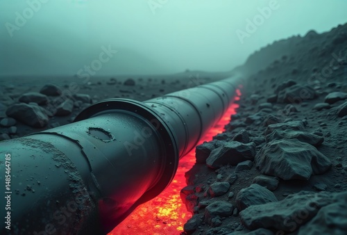 Glowing Pipeline in Mist. Low angle view of a dark pipeline emitting red light in foggy, rocky terrain.