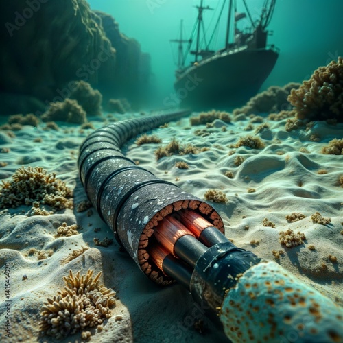 Underwater cable installation. Cross-section view of a modern cable lying on the seabed with a ship silhouette above.