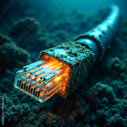 Underwater network cable. An Ethernet cable connector glows orange, submerged and overgrown on the ocean floor.