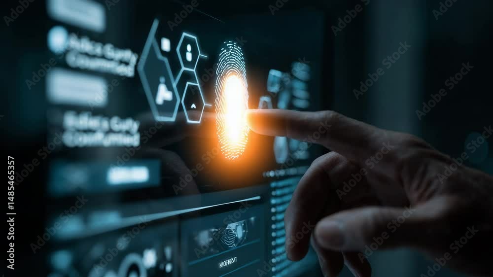 Close-up of a finger pressing digital fingerprint scanner on a glowing futuristic interface, biometric authentication scene with high-tech UI, concept of data security, ID verification, access granted