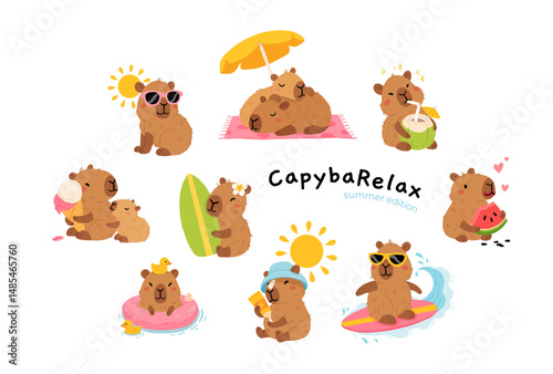 Set of cute summer capybaras in various poses and items. Hand drawn cartoon flat style. Vacation seasonal template for design, kids collection