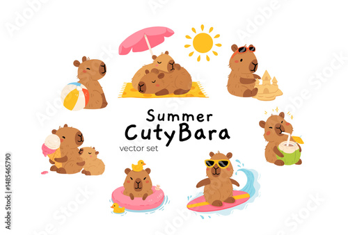 Set of cute summer capybaras in various poses and items. Hand drawn cartoon flat style. Vacation seasonal template for design, kids collection