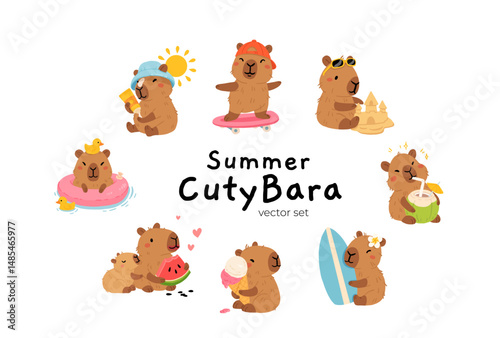 Set of cute summer capybaras in various poses and items. Hand drawn cartoon flat style. Vacation seasonal template for design, kids collection