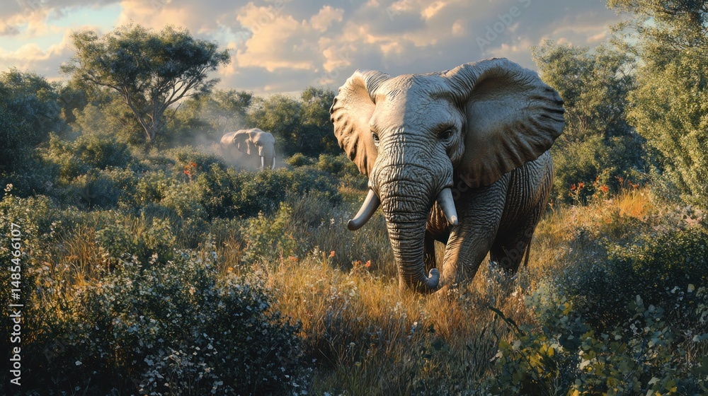 Fototapeta premium Majestic elephant emerges from the dense african brush at golden hour