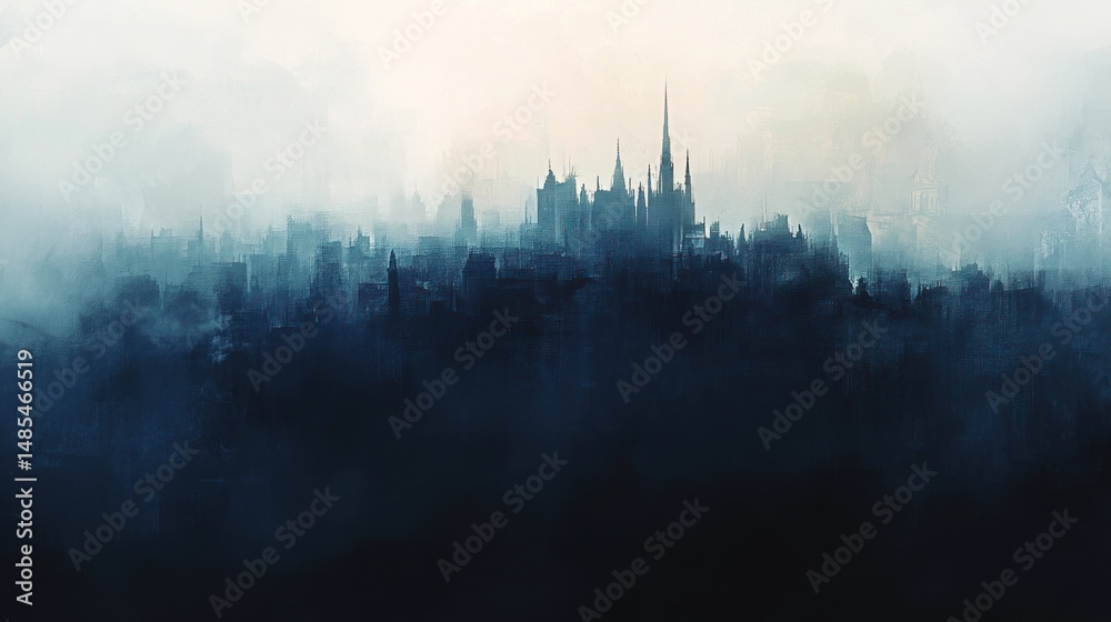 Naklejka premium Atmospheric cityscape panorama with ethereal mist enveloping urban silhouette