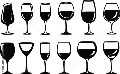 Set of Minimalist Black Wine Glass Silhouettes Vector Icons