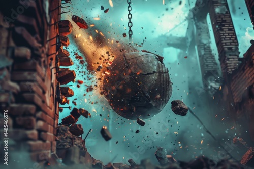 Destruction of brick wall by wrecking ball in dramatic scene