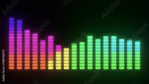 Digital audio equalizer with colorful segmented bars pulsing to music rhythm on black background, modern music visualizer animation, dynamic sound wave display for DJ, party