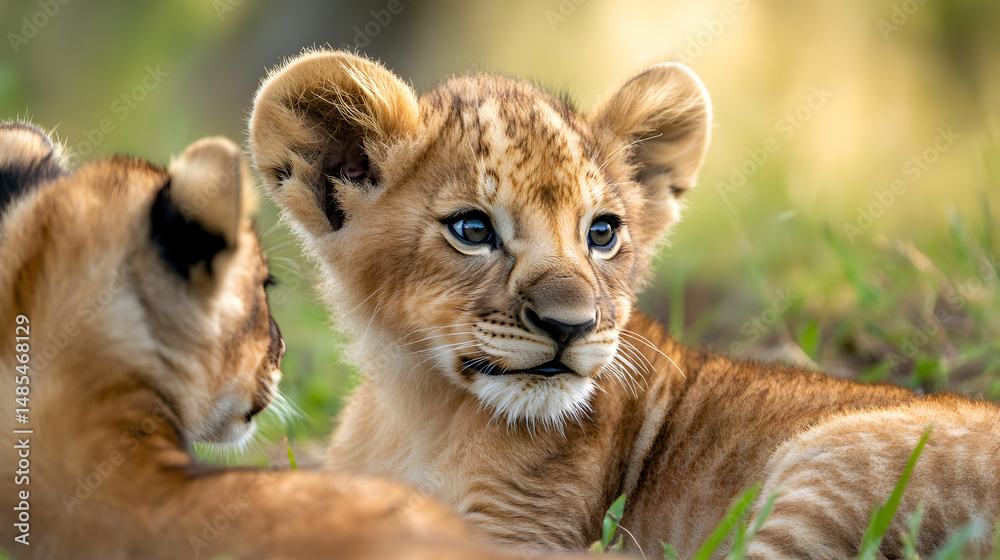 Obraz premium Lion Cubs Resting in Grass Adorable Cute Wildlife Animal Portrait