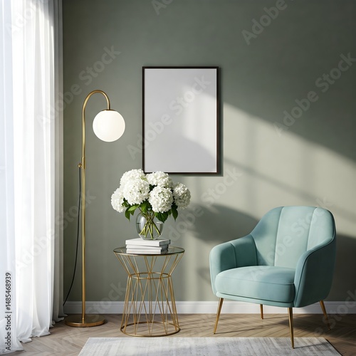 Frame mockup, ISO A paper size. Living room wall poster mockup. Interior mockup with house background. Modern interior design. 3D render 