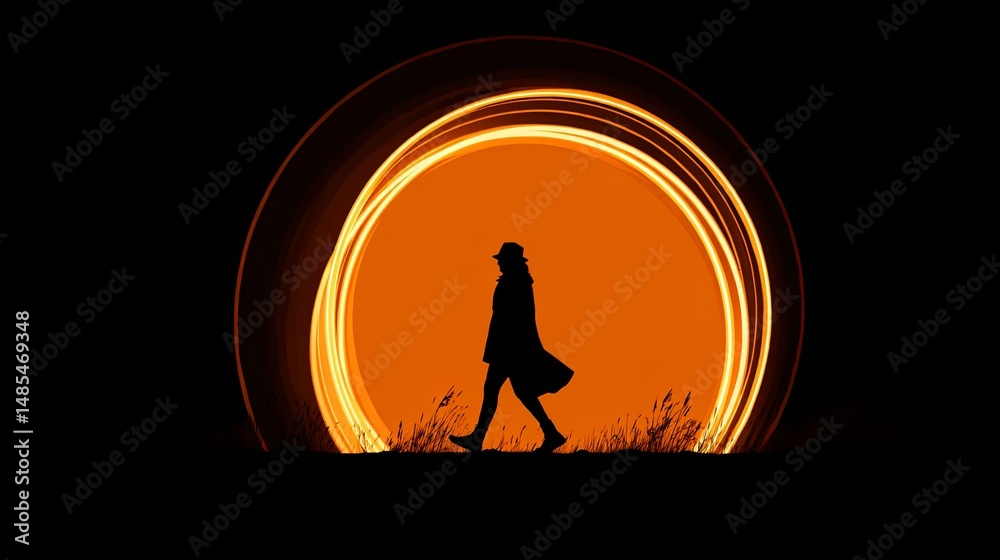 Fototapeta premium Bright Orange Circle Behind Person Walking Outdoors