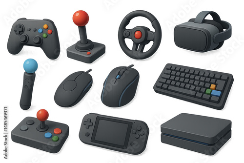 Gaming equipment icon set - 3d, console, vr, controller, keyboard, mouse graphics