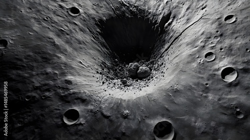 Top down white universe showcasing asteroid impact site moons surface detailed crater ejecta patterns and debris clouds ideal for planetary science visuals cut out on isolated transparent background photo