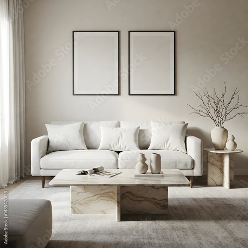 Frame mockup, ISO A paper size. Living room wall poster mockup. Interior mockup with house background. Modern interior design. 3D render 