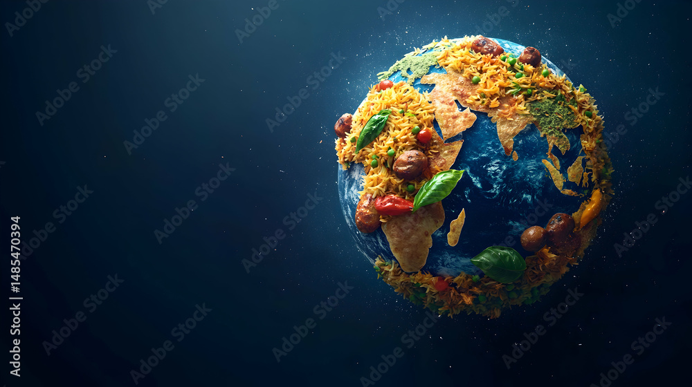 Fototapeta premium Global Cuisine Concept Earth Planet with Food Toppings, Savory World Food Representation, Geographic Gourmet Art Dark Background