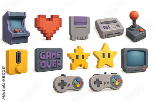 Retro gaming icon set - 3d, classic arcade and console game symbols