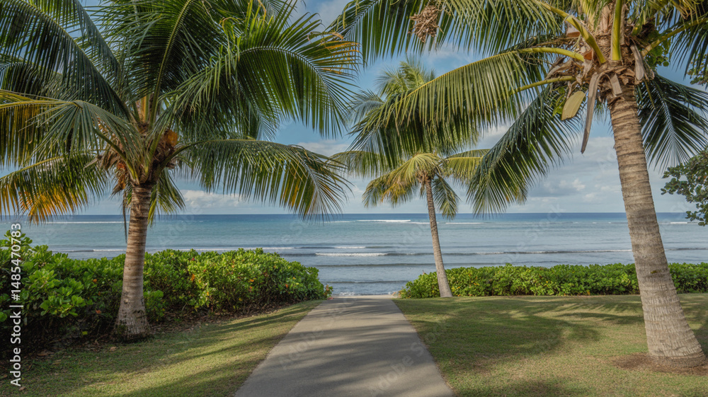 Obraz premium Tropical Seaside Path with Palm Shadows