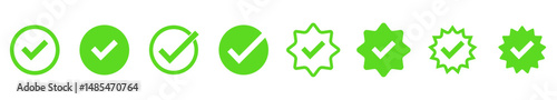 Green check mark icons set. Checkmark vector icon collection. Checked icon or correct choice sign. Check mark or checkbox pictogram. Vector illustration.