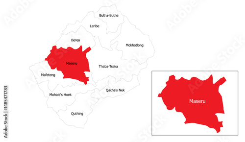 Detailed Red Maseru Map with Lesotho Provinces Boundaries, Geographical Division, Cartographic Illustration, Political Demarcation, Geographic Chart of Lesotho's Maseru District Depiction
