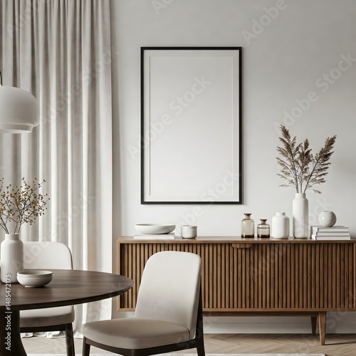Frame mockup, ISO A paper size. Living room wall poster mockup. Interior mockup with house background. Modern interior design. 3D render 