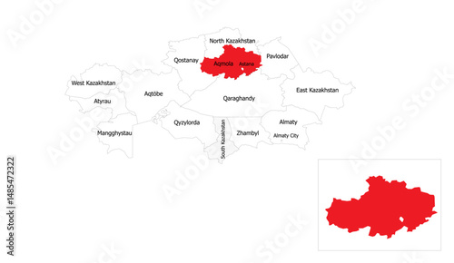 Detailed Vector Map of Kazakhstan's Akmola Region Displayed in Red Highlighting Geographical Borders and Administrative Divisions for Educational Purposes