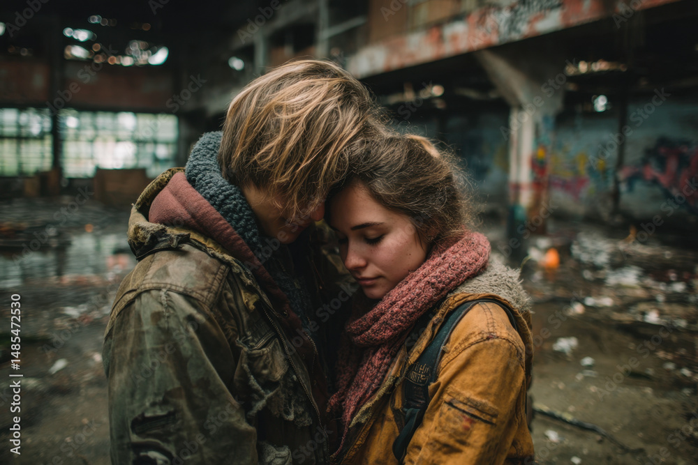 Fototapeta premium Couple embracing in abandoned building.